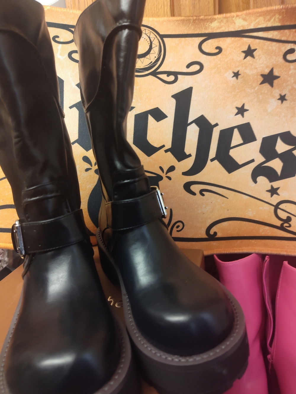 Black Leather Buckle Mid-Calf Women's Boots - Picture 4 of 7